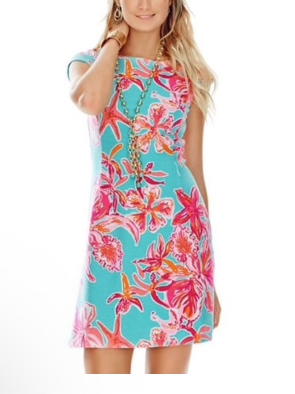 Lilly Pulitzer Aqua Shift Dress with Pink and Orange Floral Accents